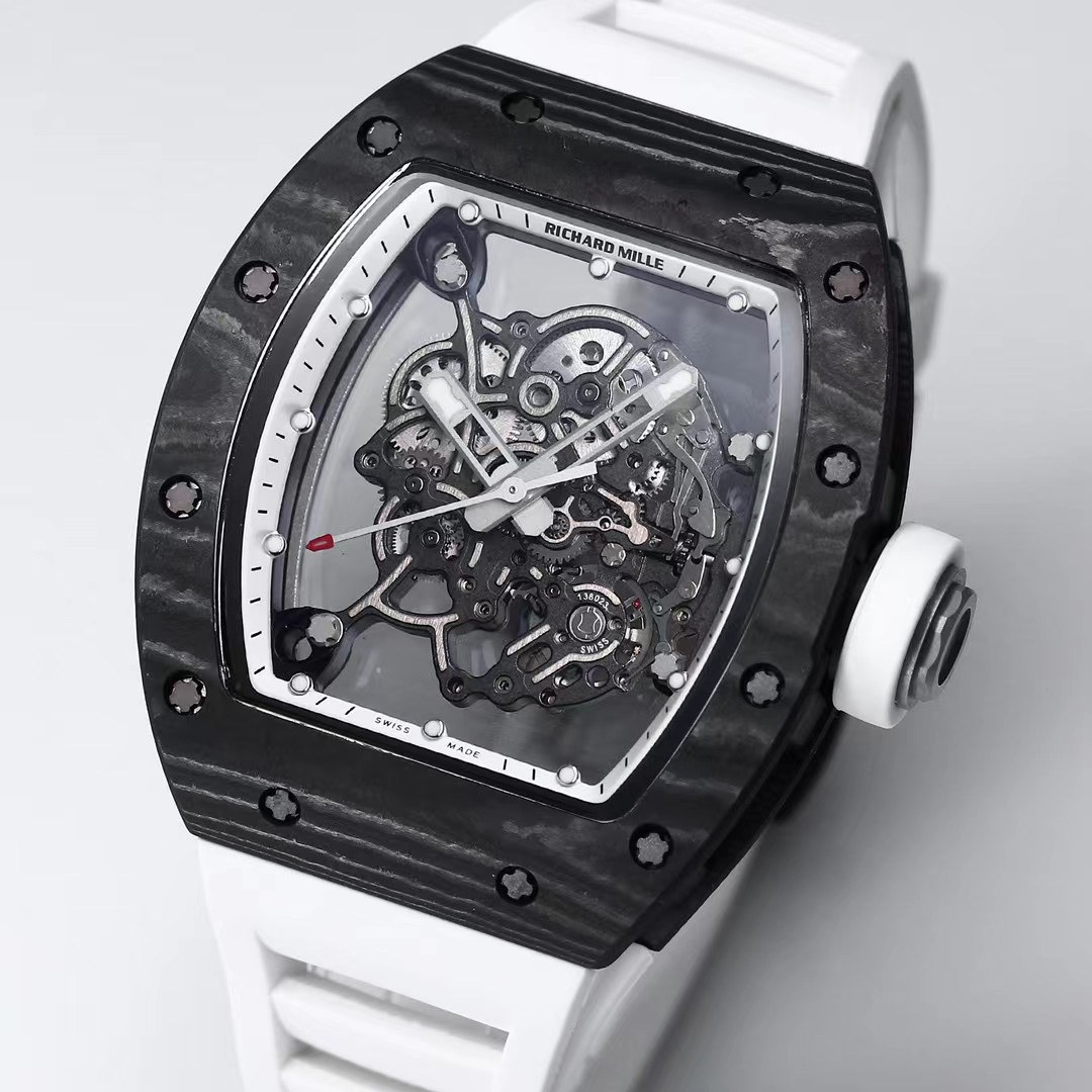 Richard Mille RM055 NTPT Carbon Case White Rubber Strap Skeleton Dial Angled Detail View