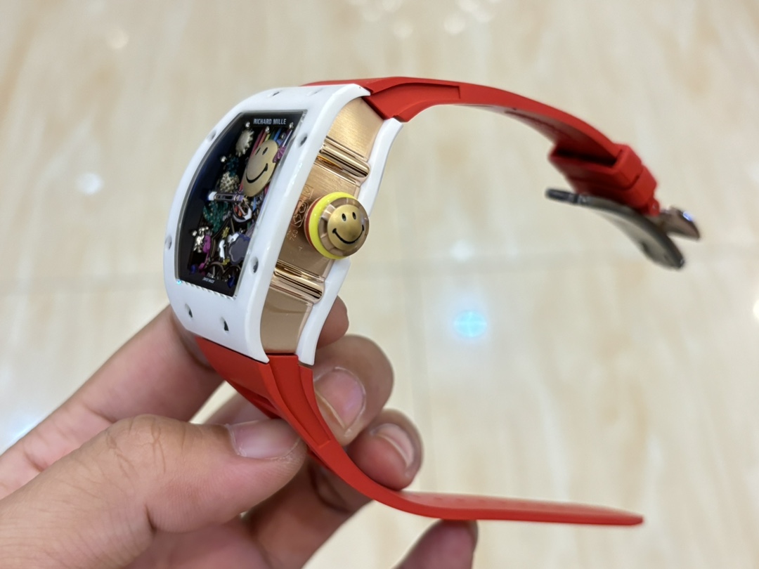 Richard Mille RM88 Smiley Tourbillon White Ceramic Case Red Rubber Strap Side View Crown Detail Handheld