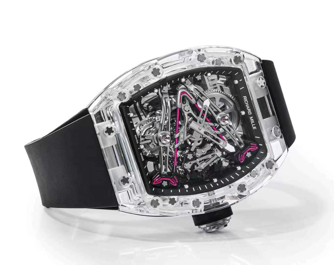 Richard Mille RM Series RM 38-02 transparent sapphire case black rubber strap skeleton dial side view