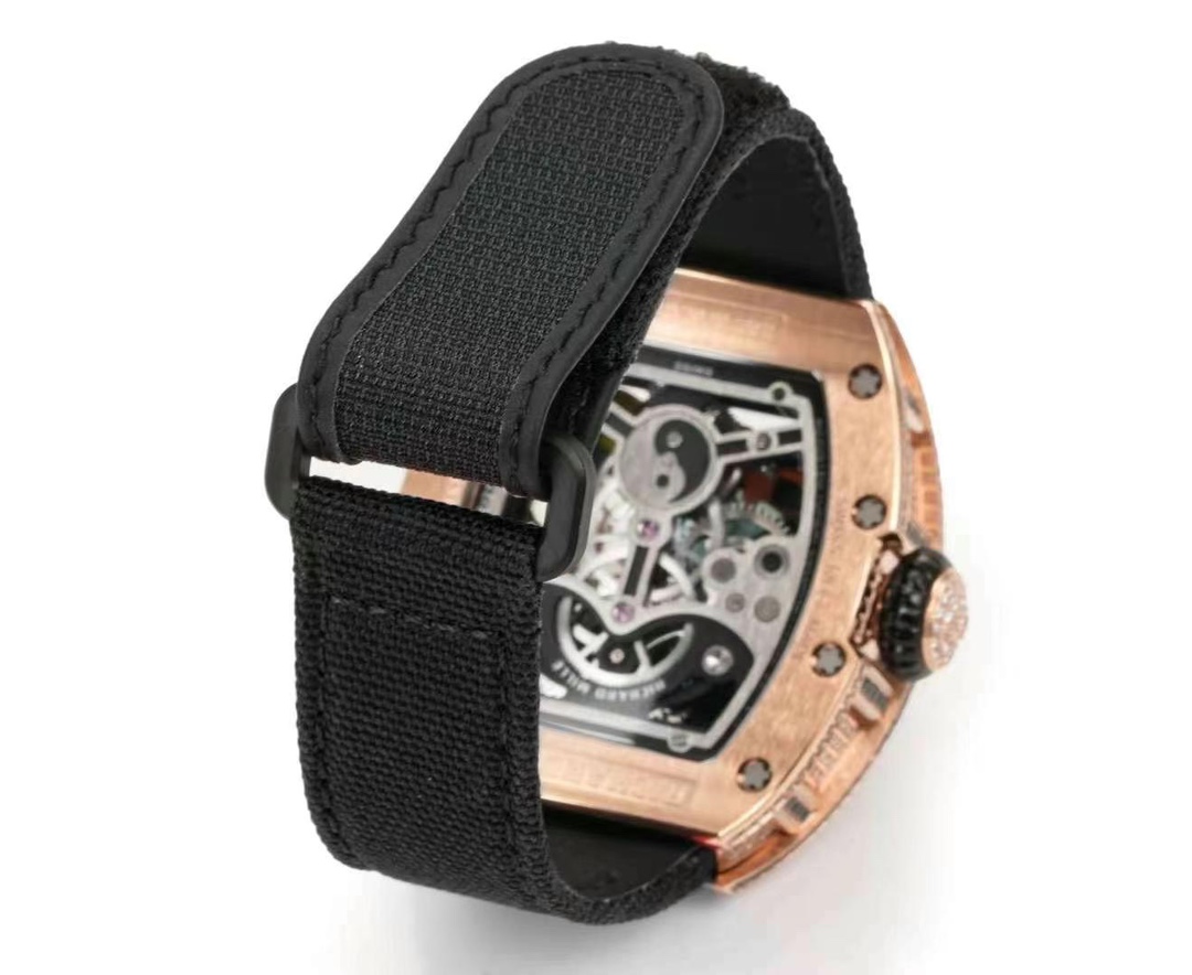 Richard Mille RM S10 Koi Tourbillon Rose Gold Diamond Case Black Nylon Strap Transparent Caseback View