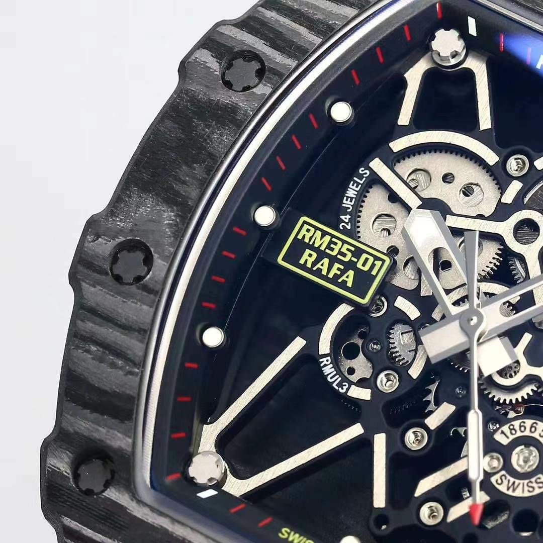 Richard Mille RM 35-01 Rafael Nadal Carbon Fiber Case Red Strap Dial Close-Up Detail