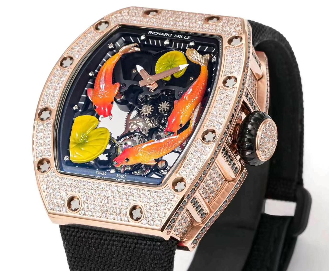 Richard Mille RM S10 Koi Tourbillon Rose Gold Diamond Case Black Nylon Strap Angled Perspective View