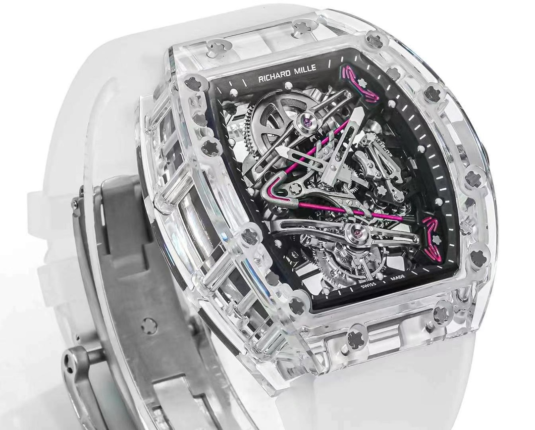Richard Mille RM 38-02 Crystal Pink Skeleton Tourbillon Watch Angled Side View Transparent Case Mechanical Movement Detail