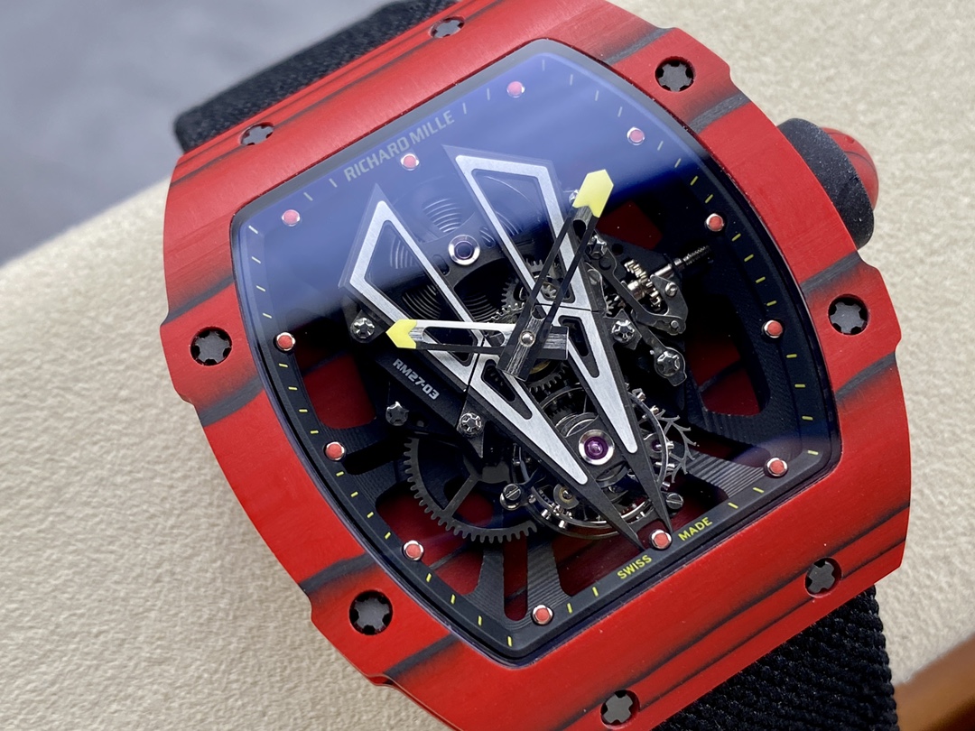 Richard Mille RM 27-03 Nadal Red Black Carbon TPT Case Skeleton Mechanical Dial Close-up Detail View