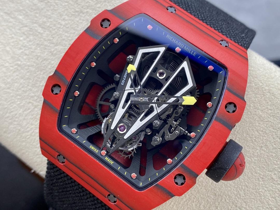 Richard Mille RM 27-03 Nadal Red Black Carbon TPT Case Skeleton Dial Angled Front Detail View
