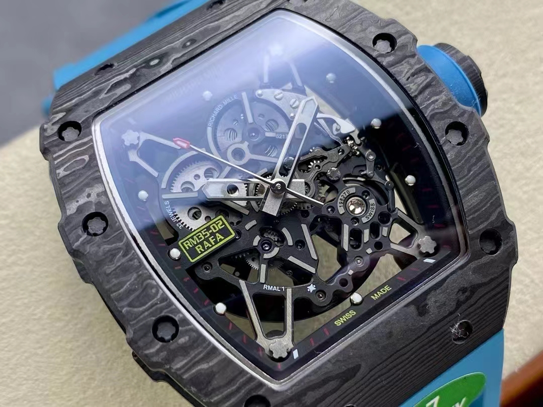 Richard Mille RM Series RM35-02 black NTPT carbon fiber case with blue rubber strap front movement detail view