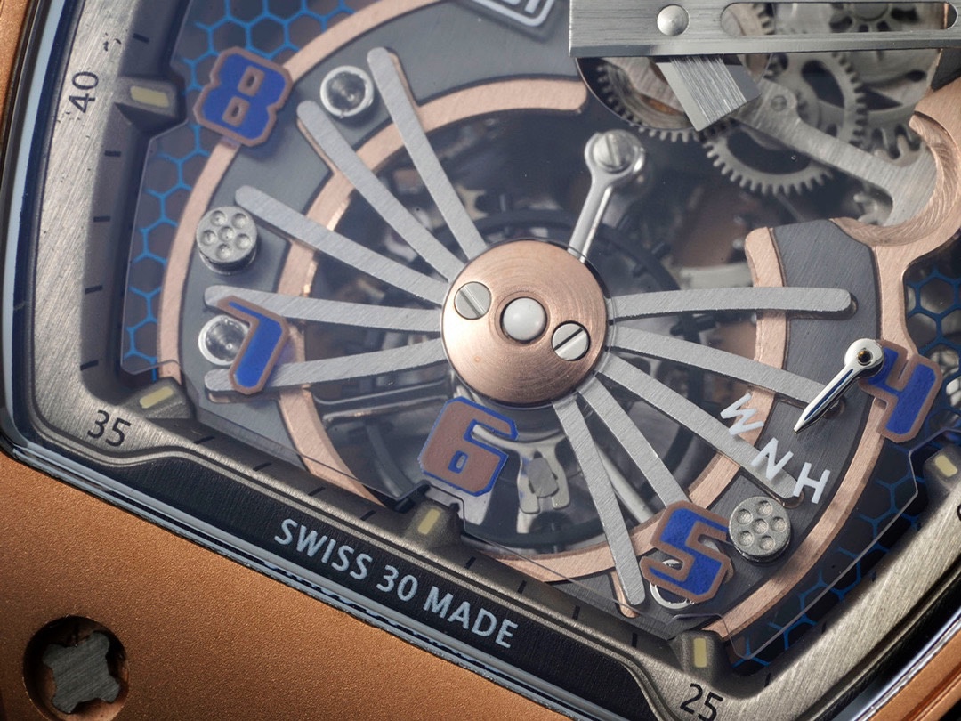Richard Mille RM21-01 Aerodynamic Tourbillon Carbon Rose Gold Skeleton White Rubber Strap Dial Close-Up Detail