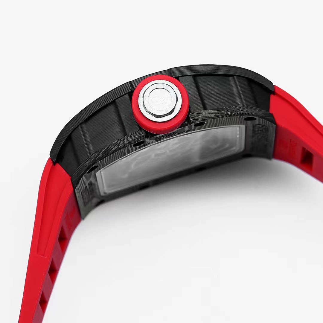 Richard Mille RM055 NTPT Carbon Red Rubber Strap Black Carbon Case Crown Detail Close-Up