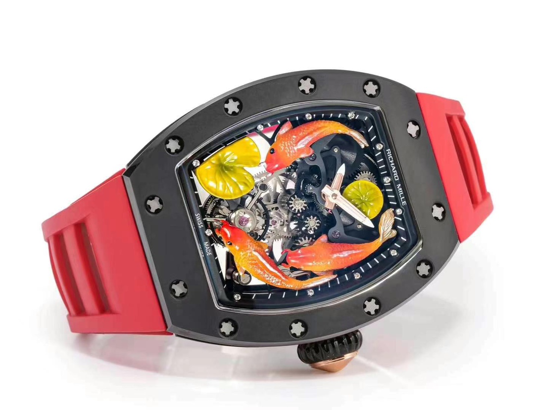Richard Mille RM S10 Koi Tourbillon Black Case Red Strap Horizontal Angle View