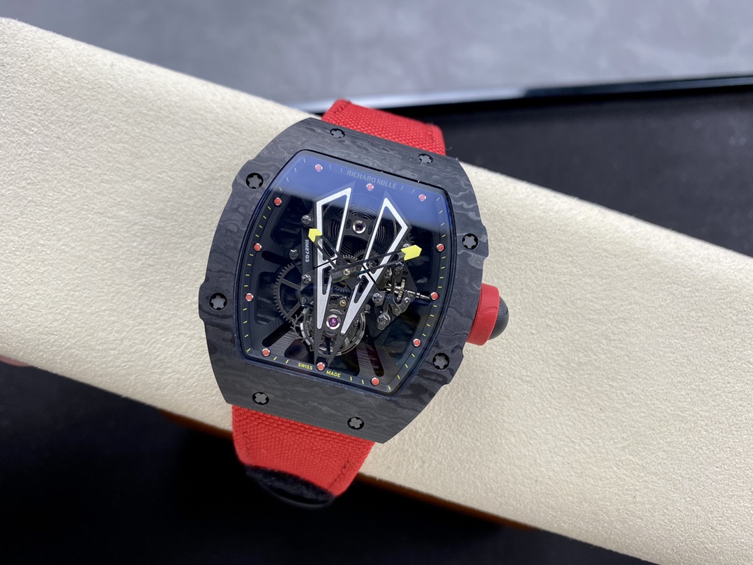 Richard Mille RM Series RM 27-03 carbon fiber case red fabric strap skeleton mechanical tourbillon watch front view