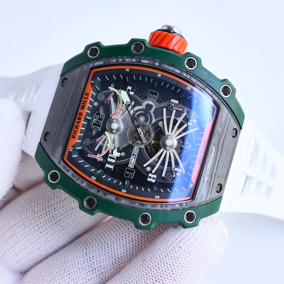 Richard Mille RM21-02 Tourbillon Aerodyne Carbon Fiber Green Bezel Tilted Dial View