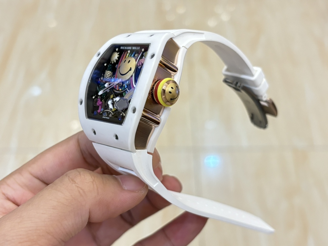 Richard Mille RM88 Smiley Automatic Tourbillon White Ceramic Case White Rubber Strap Side Profile Crown Detail Handheld