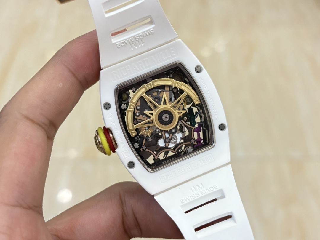 Richard Mille RM88 Smiley White Ceramic White Rubber Strap Caseback View Movement Detail Handheld