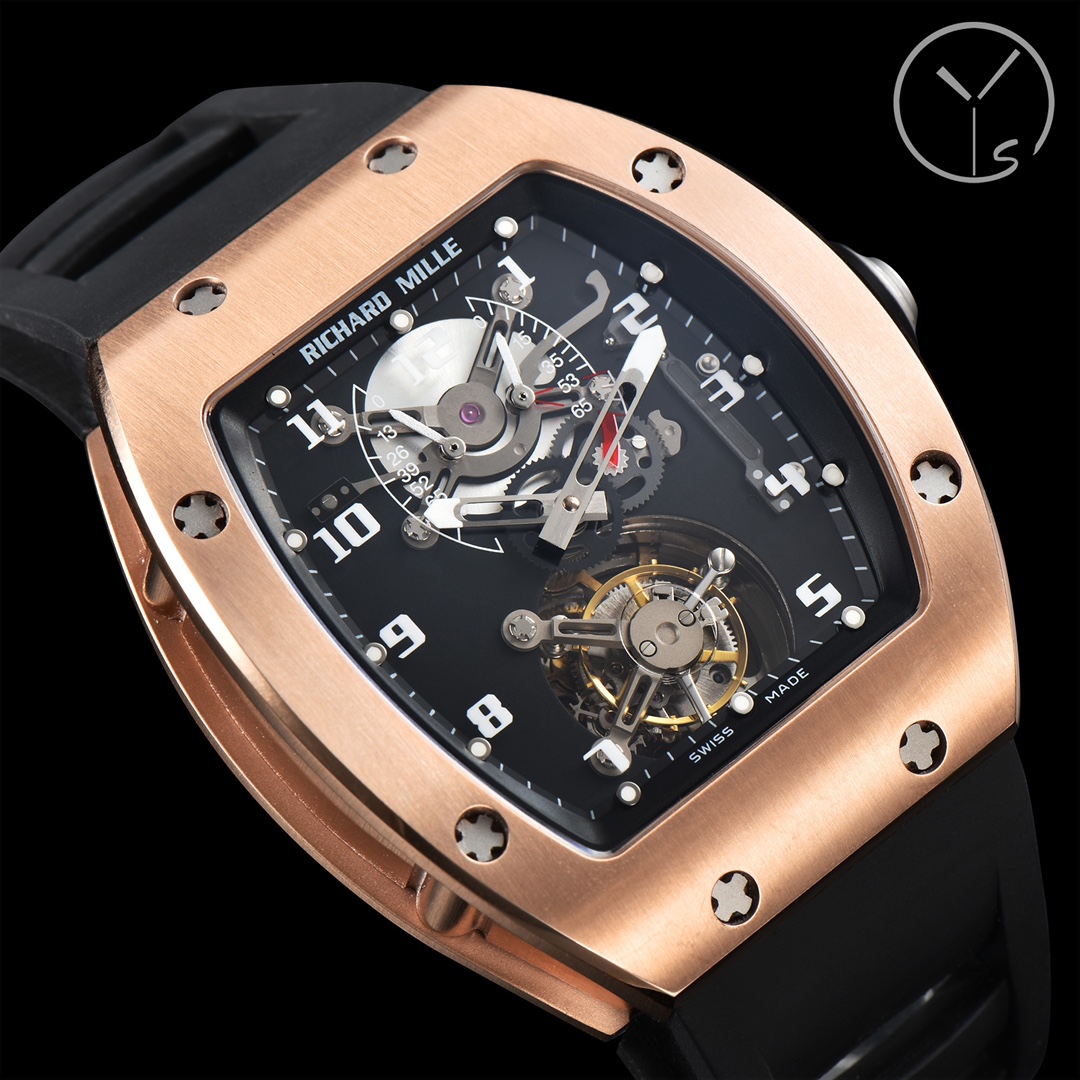 Richard Mille RM001 Rose Gold Case Black Strap Tourbillon Dial Close-Up Detail