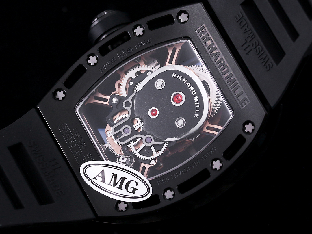 Richard Mille RM052 Skull Tourbillon 43mm Black Skeleton Dial Black Rubber Strap Caseback Movement Detail View