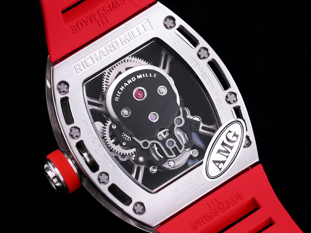 Richard Mille RM52 Tourbillon Red Rubber Strap Silver Case Skull Skeleton Dial Caseback Movement View