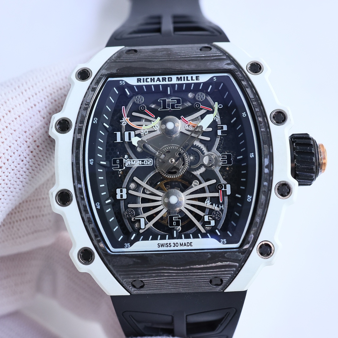 Richard Mille RM21-02 Skeleton Tourbillon Carbon Case Black Strap Sport Watch Front Detail View