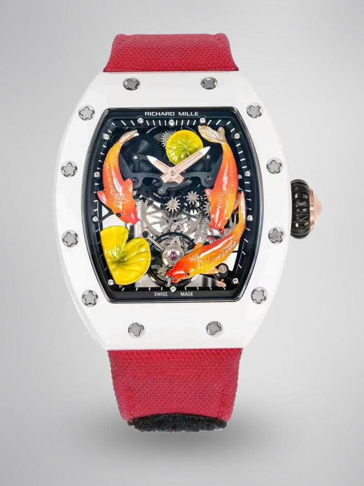 Richard Mille RM S10 Koi Tourbillon Red Nylon Strap White Ceramic Case Full Watch Front View