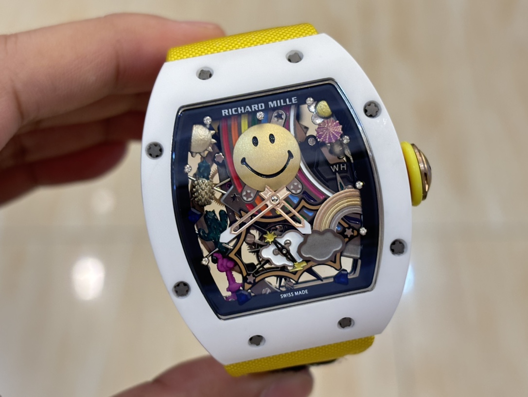 Richard Mille RM 88 Smiley White Case Yellow Nylon Strap Openworked Dial Angled View