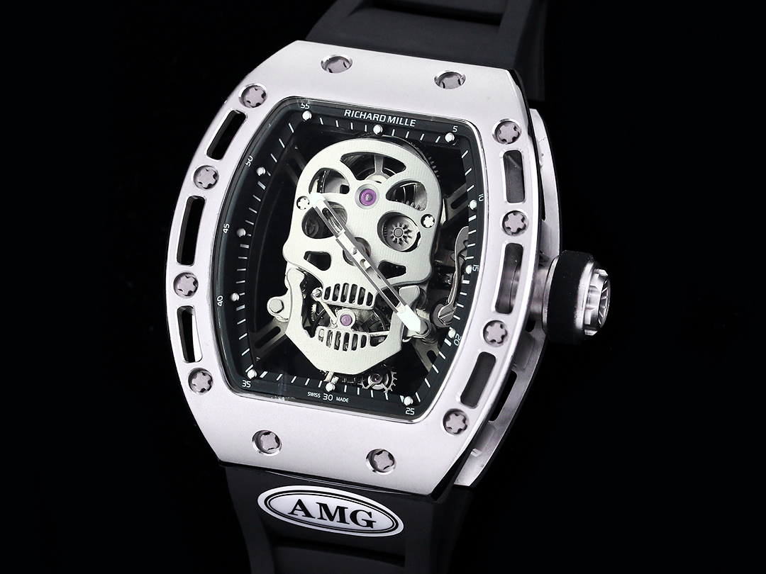 Richard Mille RM052 Tourbillon 43mm Silver Skeleton Dial Black Rubber Strap Angled Front View