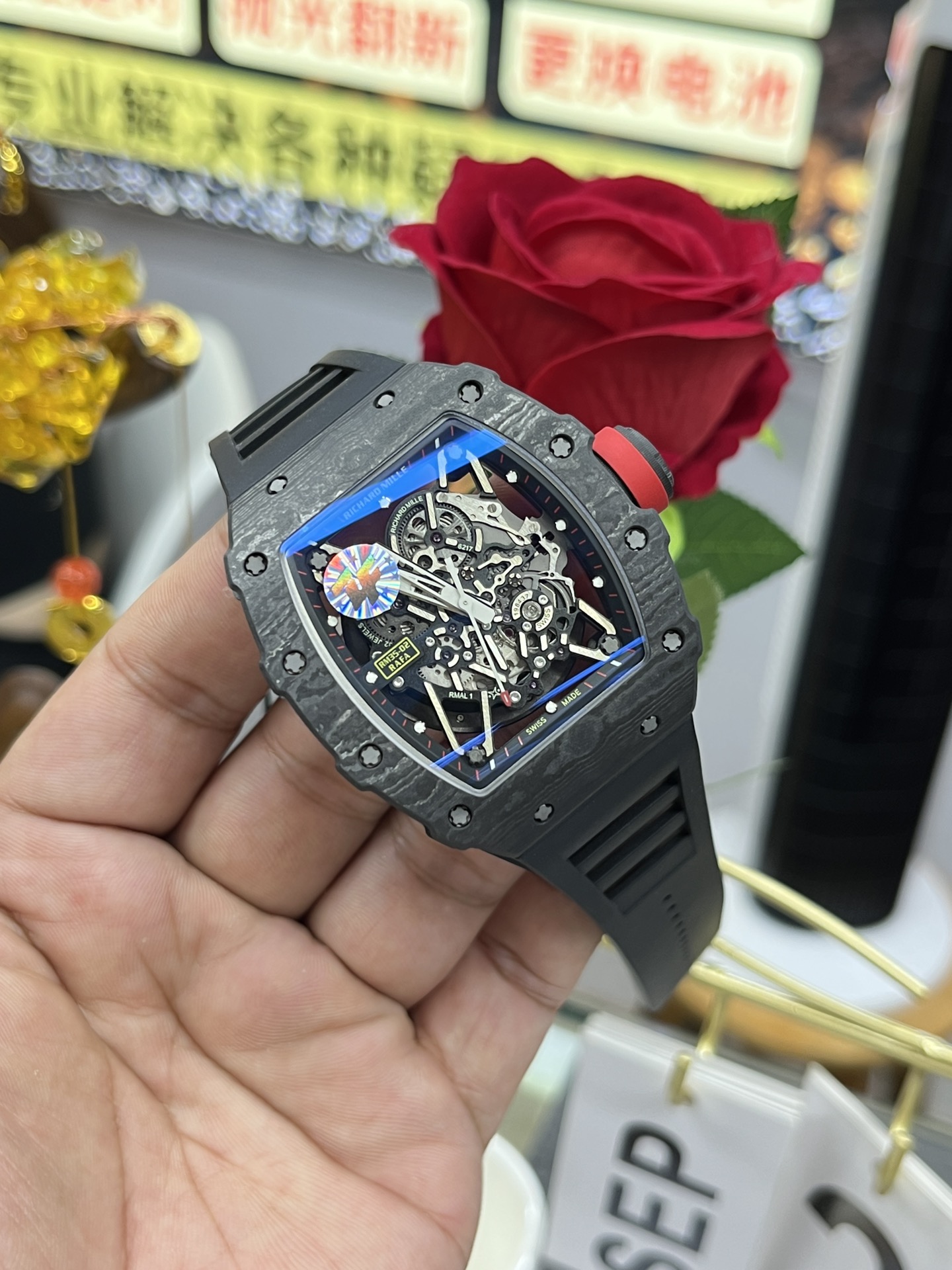 Richard Mille RM35-02 Carbon Fiber Skeleton Dial Black Rubber Strap Wrist Angle View