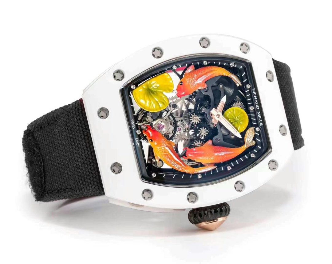 Richard Mille RM S10 Koi Tourbillon White Ceramic Case Horizontal Dial Perspective View