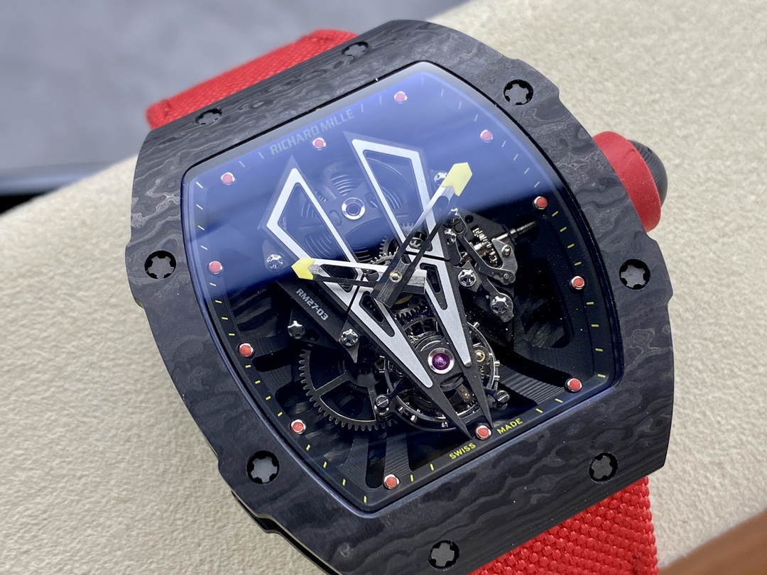 Richard Mille RM Series RM 27-03 carbon fiber case red fabric strap skeleton tourbillon dial angled front view
