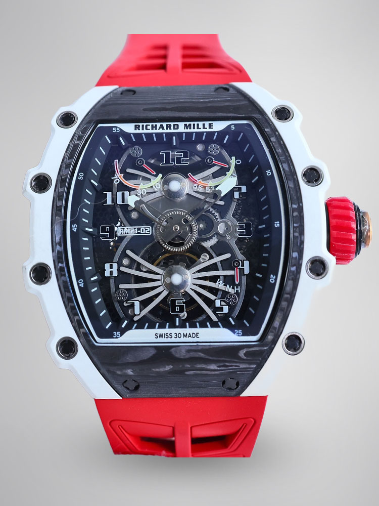 Richard Mille RM21-02 Tourbillon Aerodyne White Case Black Skeleton Dial Red Rubber Strap Front View
