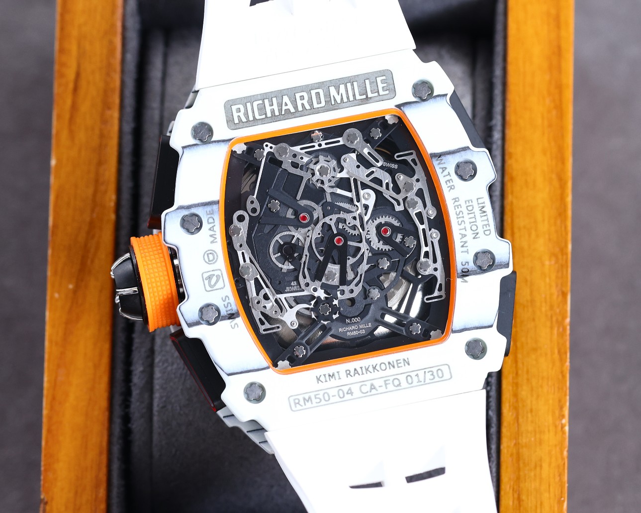 Richard Mille RM50-03 McLaren White Carbon Fiber Case White Strap Skeleton Movement Back Detail View
