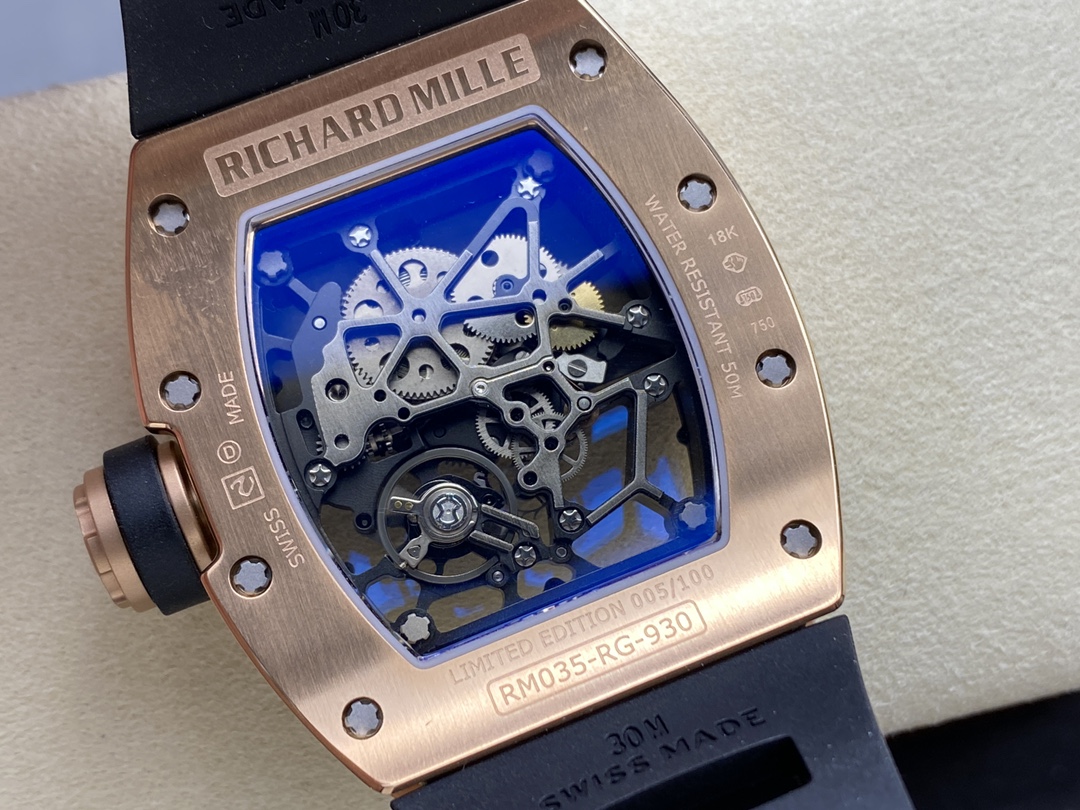 Richard Mille RM035 Americas Edition Rose Gold Case Black Rubber Strap Caseback Detail