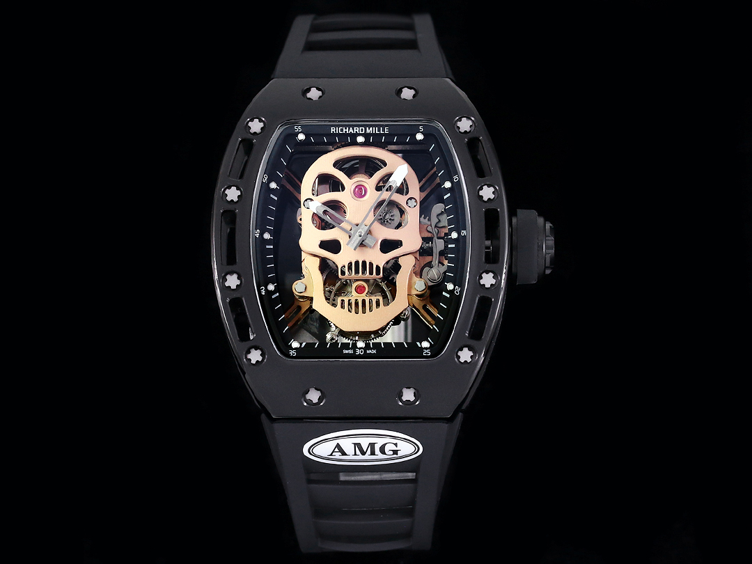 Richard Mille RM052 Skull Tourbillon 43mm Black Skeleton Dial Black Rubber Strap Front View Black Background