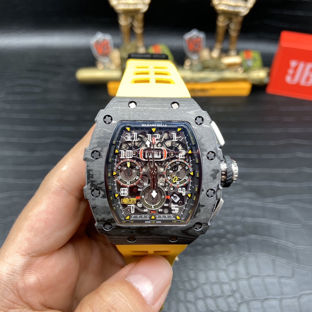 Richard Mille RM 011 Skeleton Dial Black Carbon Fiber Case Yellow Rubber Strap Handheld Front View