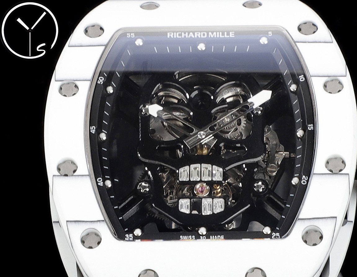 Richard Mille RM 052 Skull White Ceramic Case Black Skeleton Dial Close-up Front Detail View