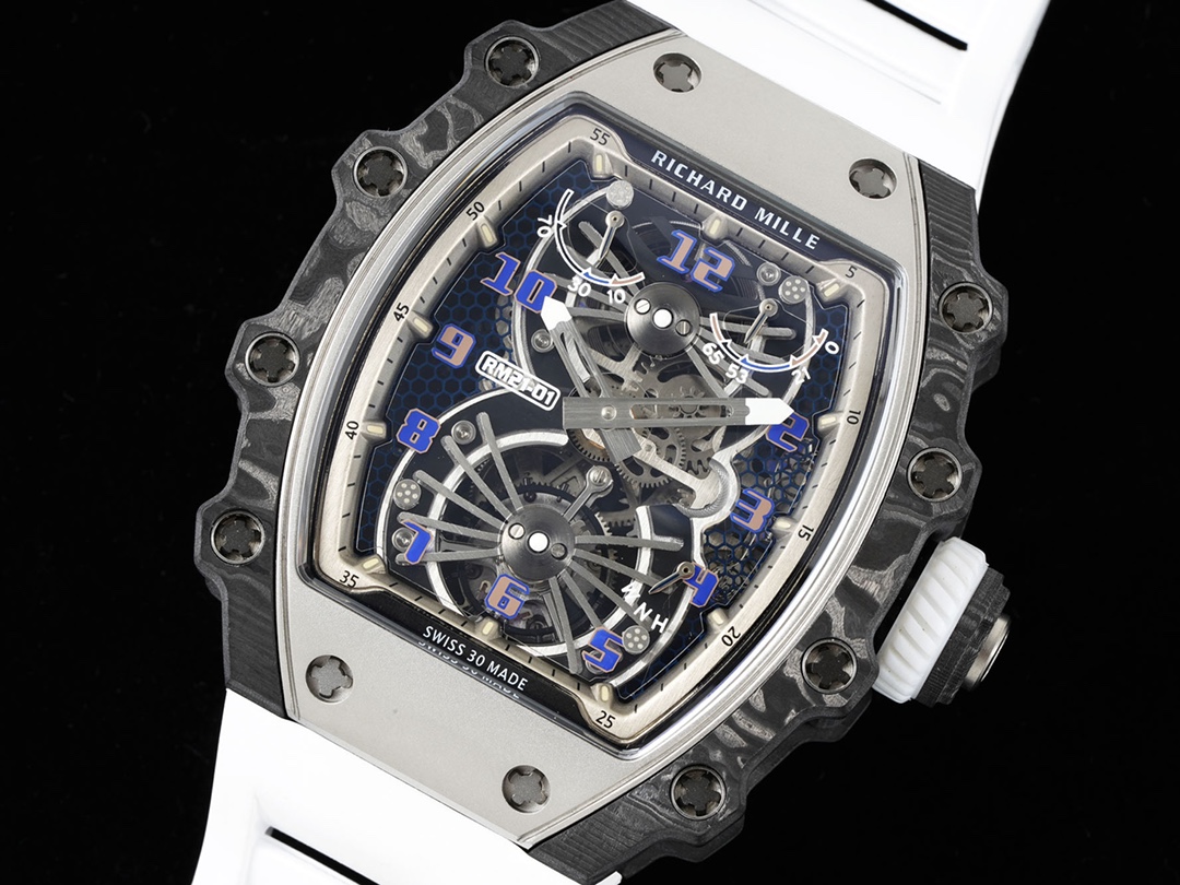 Richard Mille RM 21-01 Aerodyne Tourbillon Replica White Rubber Strap White Black Case Dial Close-Up Detail