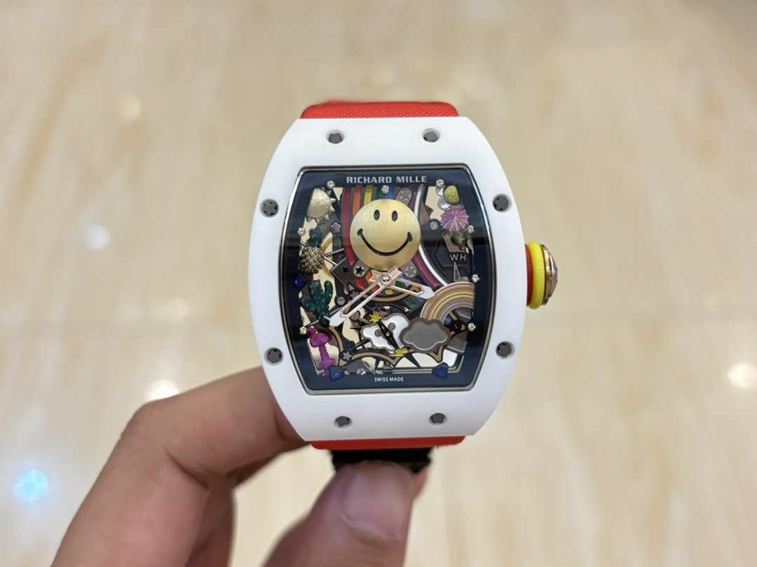 Richard Mille RM88 Smiley White Case Skeleton Dial Red Black Nylon Strap Handheld Detail View