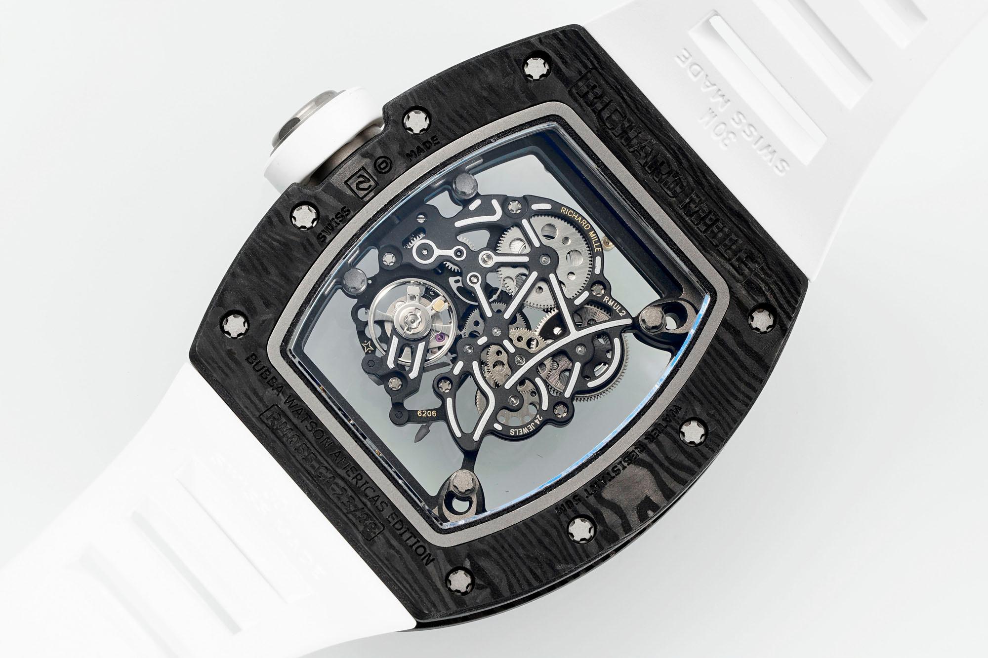 Richard Mille RM055 Carbon Fiber White Rubber Strap Angle View Titanium Case Skeleton Watch