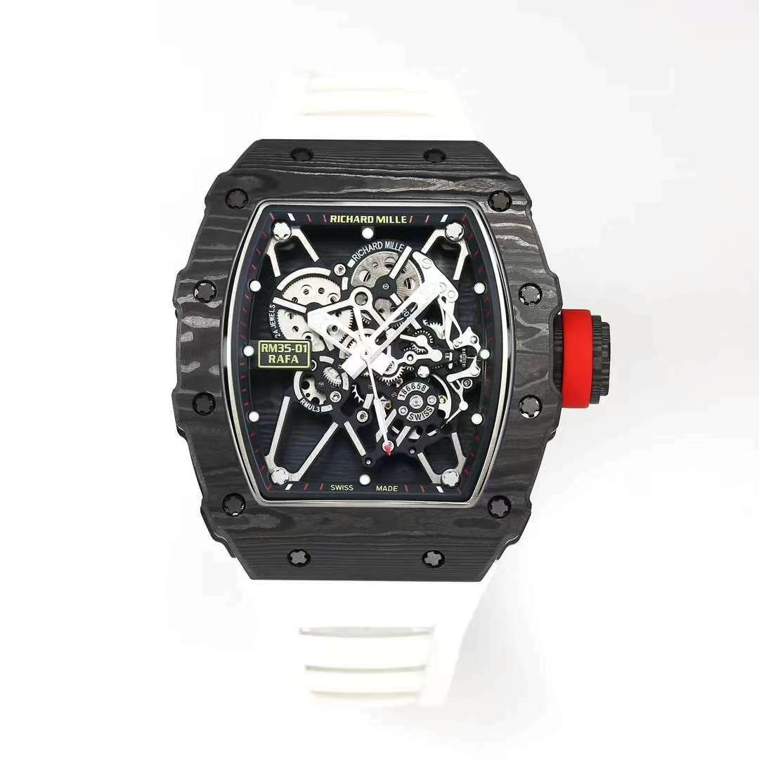 Richard Mille RM35-01 Rafael Nadal Skeleton Carbon Fiber Case White Strap Sport Watch Front Detail View