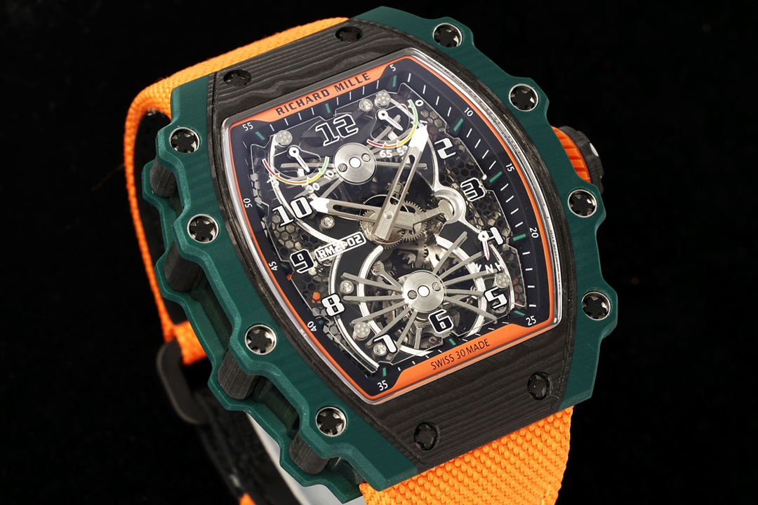 Richard Mille Aerodyne Collection RM21-02 Green Orange Angled View Tourbillon Skeleton Dial