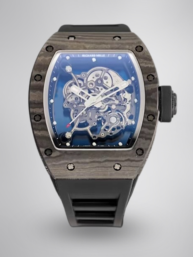 Richard Mille RM55 Skeleton Tourbillon Carbon Fiber Case Blue Dial Black Strap Sport Watch Front View