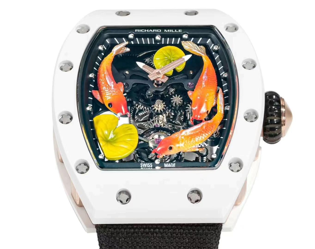 Richard Mille RM S10 Koi Tourbillon White Ceramic Case Black Strap Dial Front Close Up View