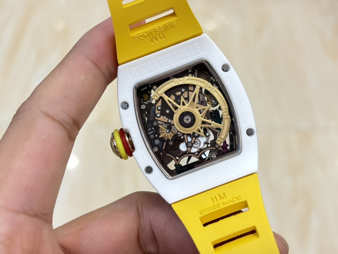 Replica Richard Mille RM 88 Smiley Tourbillon Watch White Case Yellow Strap Skeleton Caseback Movement Detail View