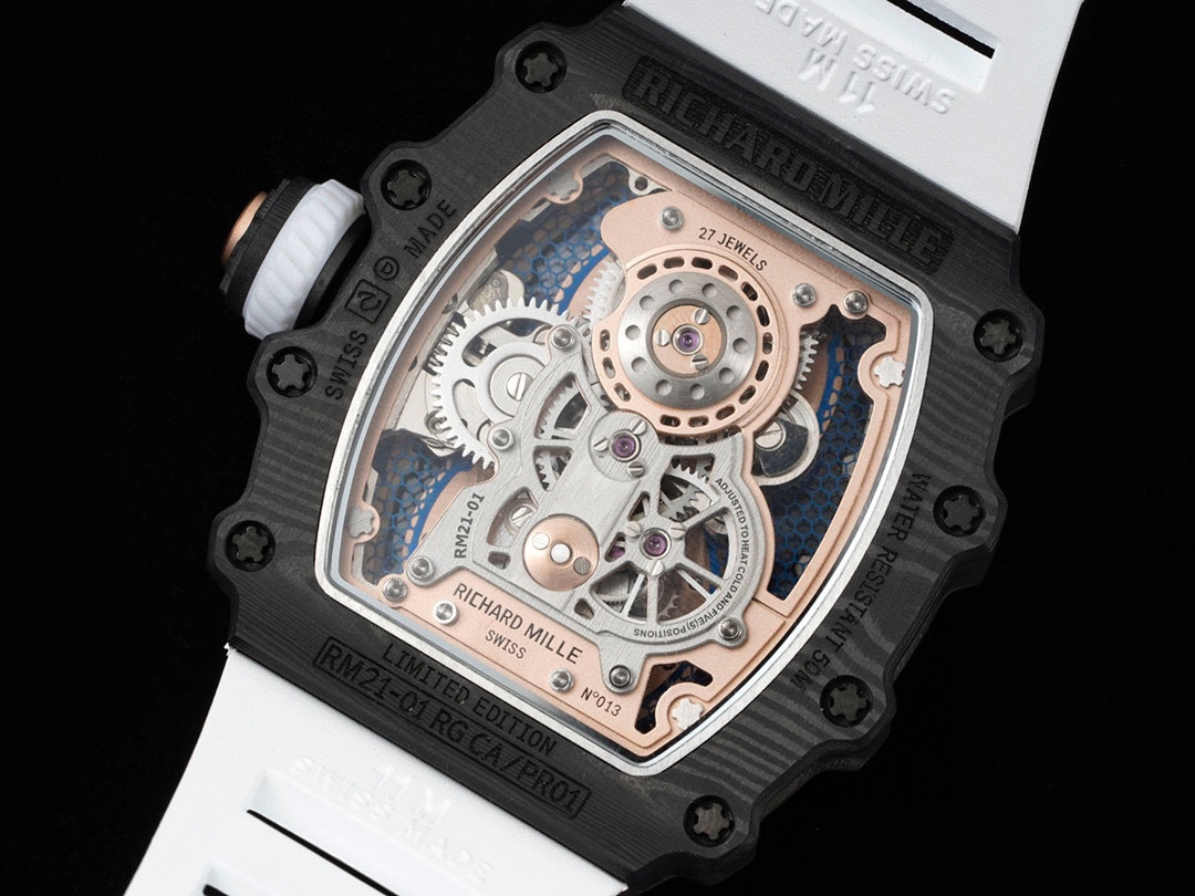 Richard Mille RM21-01 Aerodynamic Tourbillon Carbon Rose Gold Skeleton White Rubber Strap Caseback Movement Detail