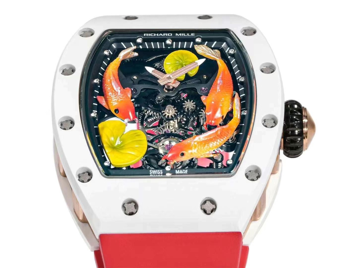 Richard Mille RM S10 Koi Tourbillon Red Rubber Strap White Ceramic Case Front Detail View