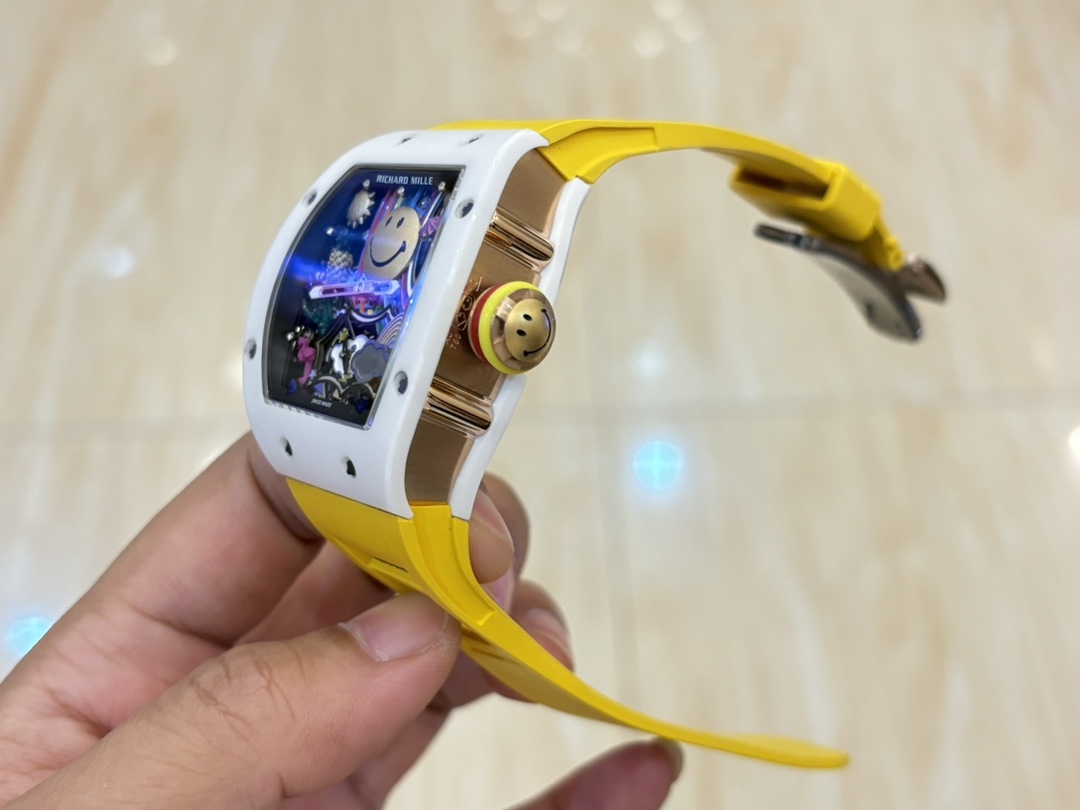 Replica Richard Mille RM 88 Smiley Tourbillon Watch White Case Yellow Strap Rose Gold Side Detail View