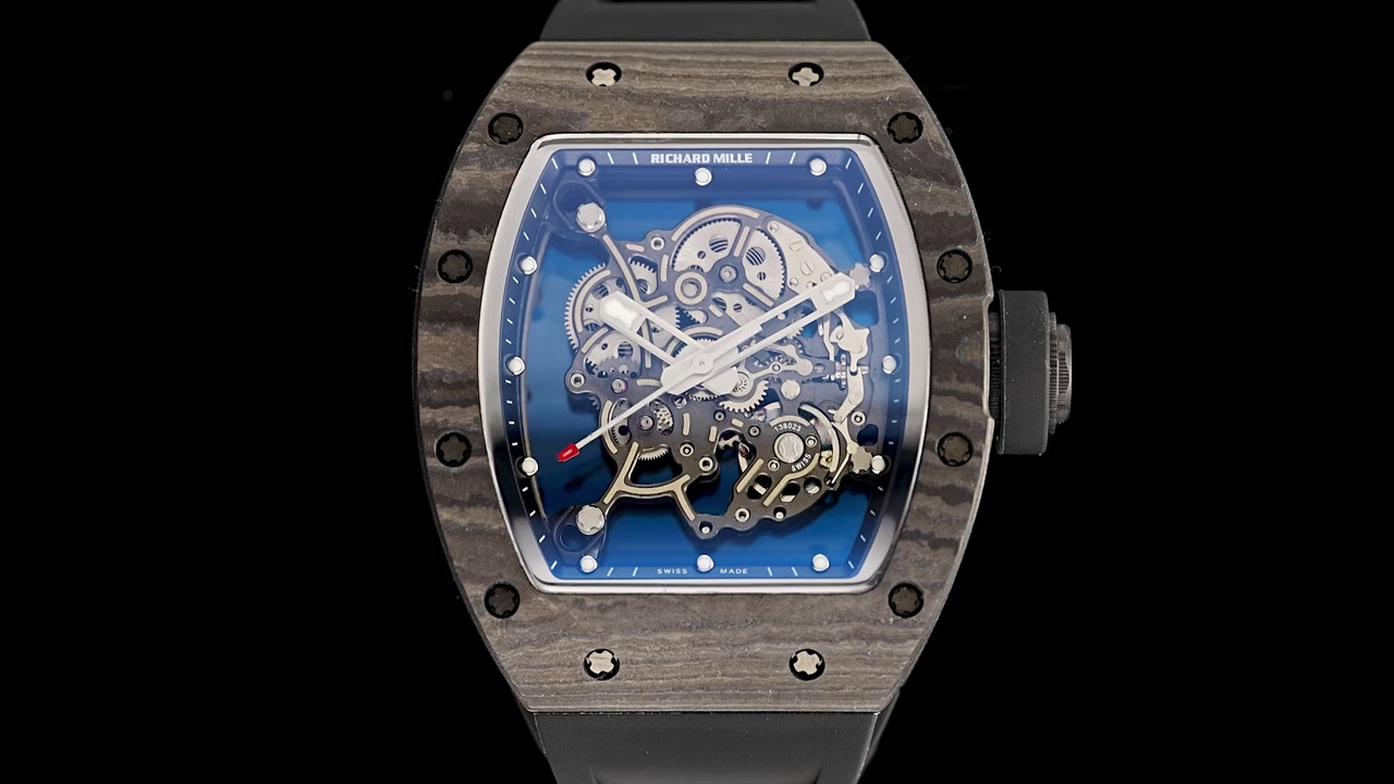 Richard Mille RM55 Skeleton Tourbillon Carbon Fiber Case Blue Dial Black Strap Sport Watch Dial Close-Up View