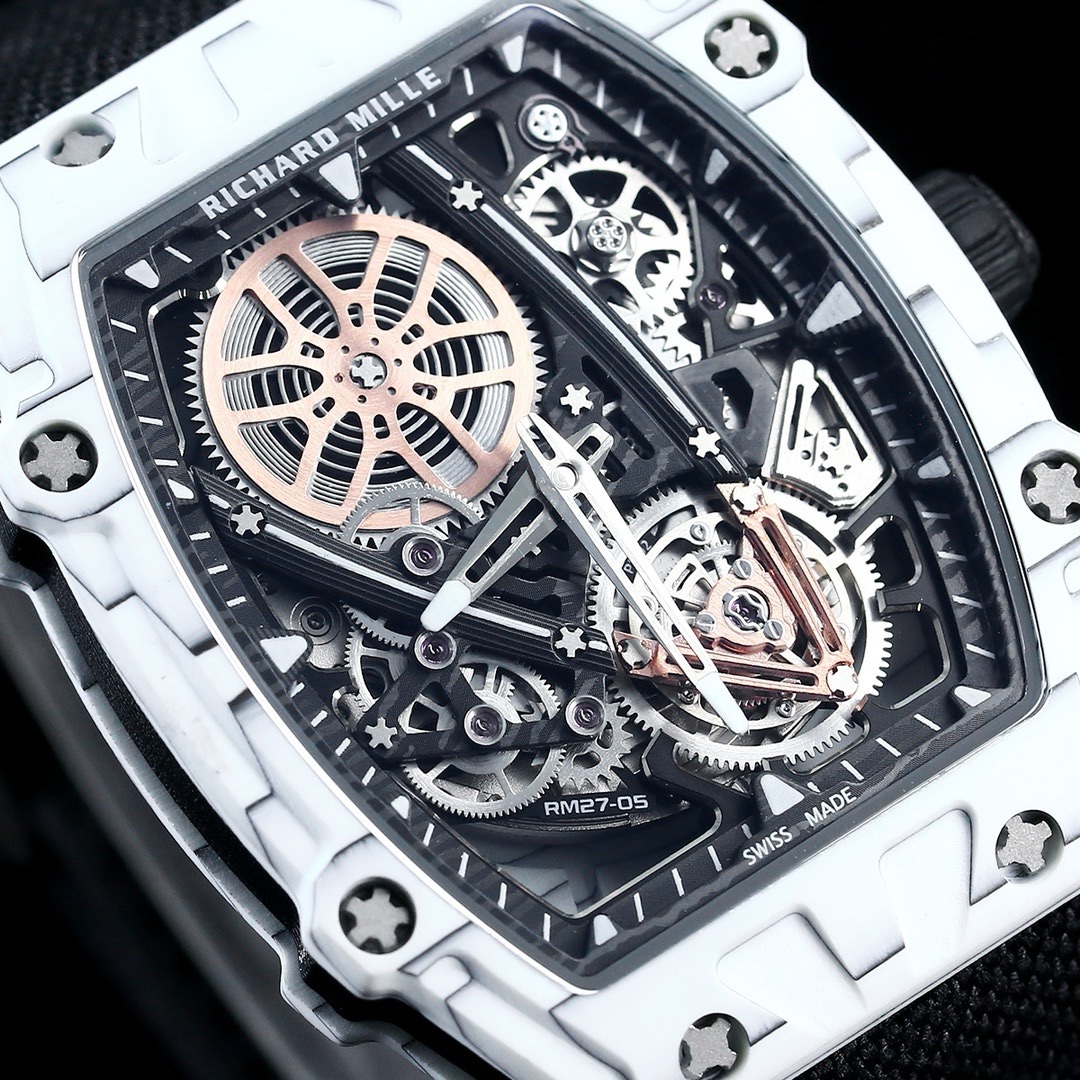 Richard Mille RM27-05 white case black strap tourbillon watch movement detail view