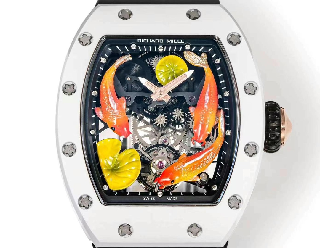 Richard Mille RM S10 Koi Tourbillon Black Rubber Strap White Ceramic Case Skeleton Dial Macro View