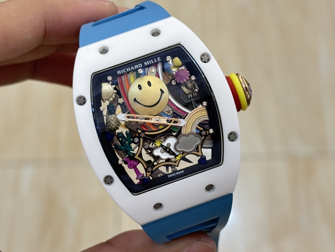 Richard Mille RM88 Smiley Tourbillon White Ceramic Blue Rubber Strap Dial Close-Up Detail