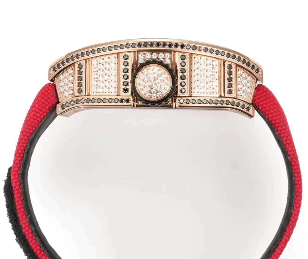 Richard Mille RM S10 Koi Tourbillon Rose Gold Diamond Case Red Nylon Strap Side Crown Detail View