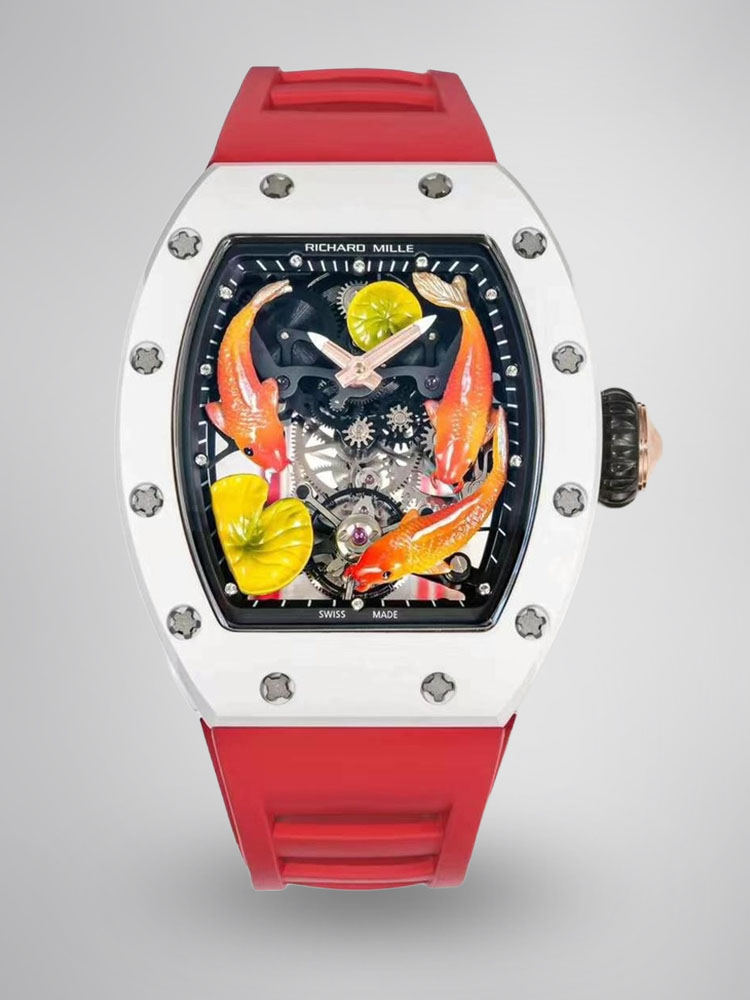 Richard Mille RM S10 Koi Tourbillon Red Rubber Strap White Ceramic Case Full Watch Front View